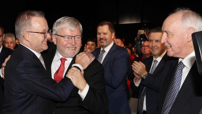 Anthony Albanese with former Labor prime ministers Kevin Rudd and Paul Keating at the 2022 election campaign launch in Perth. Picture: Liam Kidston