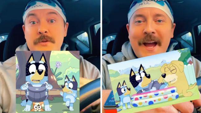 The outraged dad goes on to say how he'd love to open the conversation about childbirth with his kids watching an episode of Bluey. Images: TikTok / @angrygymteacher