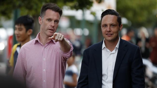 Premier Chris Minns (left) campaigning with Nathan Hagarty MP (right). Picture: Jonathan Ng