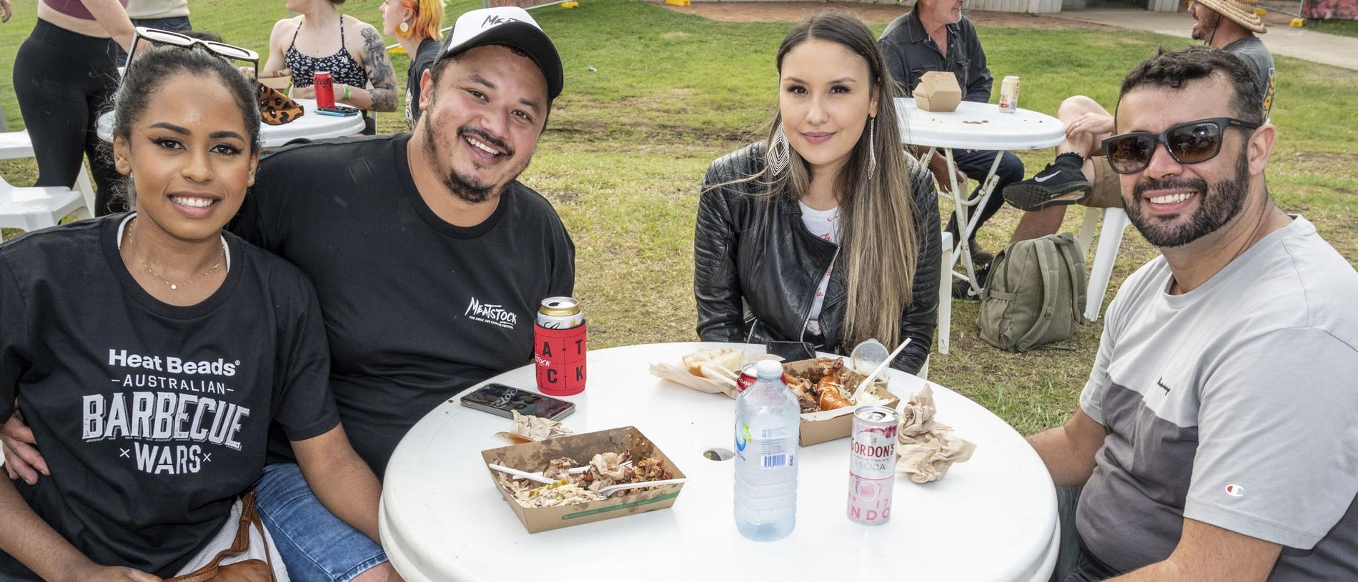 (from left) Natalia Oliveira, Luiz Oliveira, Giovanni Sousa and Anderson Carvalho at Meatstock, Toowoomba Showgrounds. Saturday, April 9, 2022. Picture: Nev Madsen.