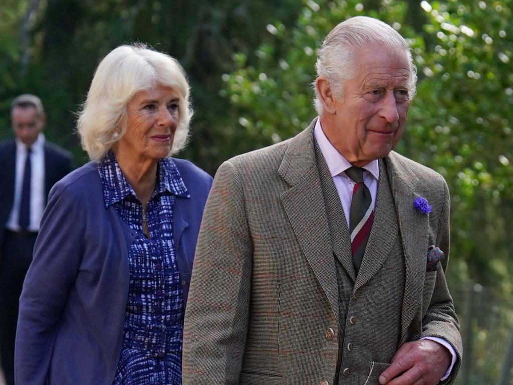 King Charles III and Queen Camilla meet estate staff and members of the public as they depart Crathie Parish Church following a church service to mark the first anniversary of the death of Queen Elizabeth II. Picture: Getty