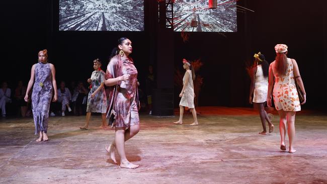 Models showcase the Woven Medicine collection by designer Felicity Chapman at the Cairns Indigenous Art Fair fashion performance, Woven, held at the Tanks Arts Centre, Edge Hill. Picture: Brendan Radke