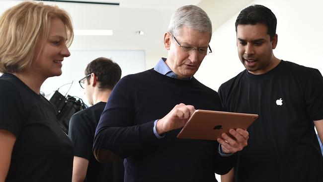 Apple CEO Tim Cook uses a new iPad Pro at the launch at company headquarters in Cupertino, California. Picture: Josh Edelson/AFP