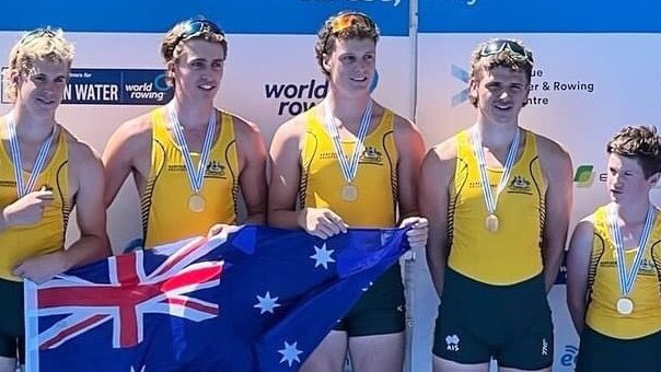 Australian gold medal winning u19 Men‘s Coxed Four rowing team, 2022 World Rowing U19 &amp; U23 Championships held in Varese, Italy, 30 July 2022. Brandon Smith, Oliver St Pierre, Joseph Lynch, Joshua Wilson and Ryder Taylor (cox). Supplied: Rowing Australia/World Rowing