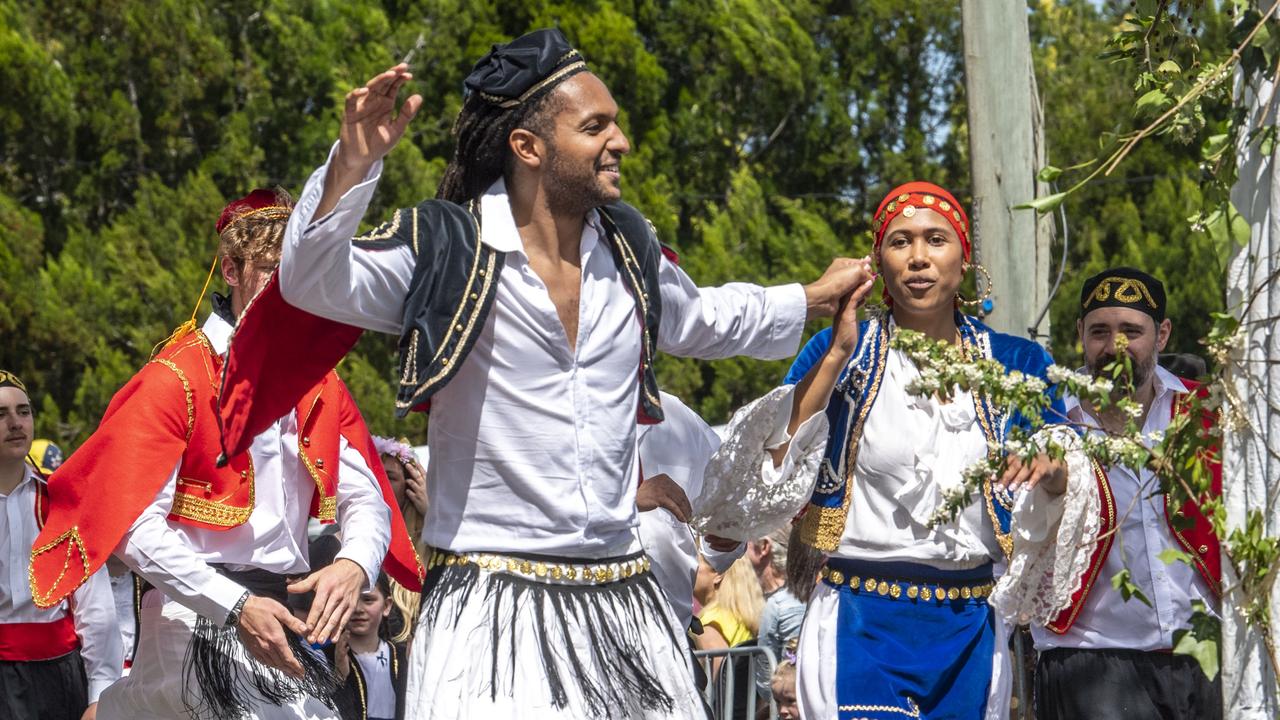 Anthony and Despena Dickerson dance. Greek Orthodox Community of Toowoomba float in the Grand Central Floral Parade. Saturday, September 17, 2022. Picture: Nev Madsen.