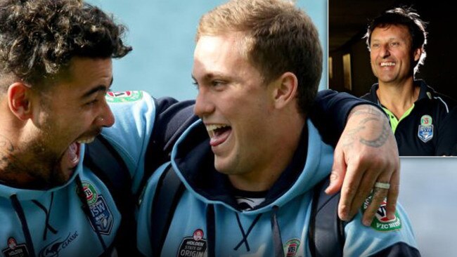 Andrew Fifita and Matt Moylan share a laugh before the captain’s run.