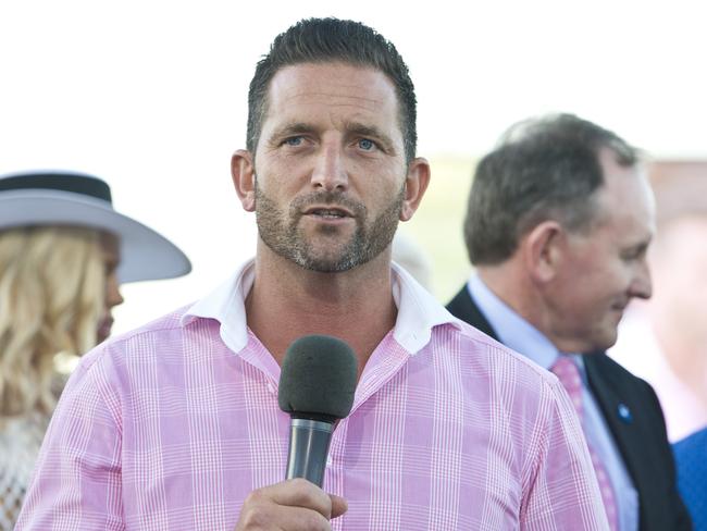 Paul Shailer, representing winning trainer Chris Waller,  talking to the crowd after Sexy Eyes and jockey Robbie Fradd win the 2019 Weetwood Handicap, Saturday, April 6, 2019.