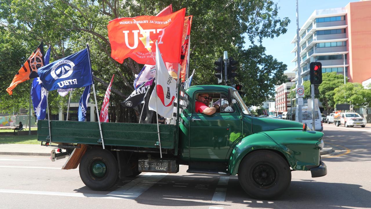 The very same Bedford truck driven by civil rights activist Brian Manning during the Wave Hill Walk-off led Darwin's May Day march on Monday, May 5. Picture: Zizi Averill