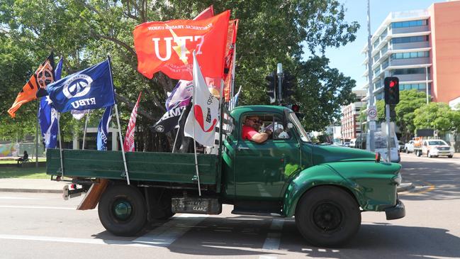 The very same Bedford truck driven by civil rights activist Brian Manning during the Wave Hill Walk-off led Darwin's May Day march on Monday, May 5. Picture: Zizi Averill