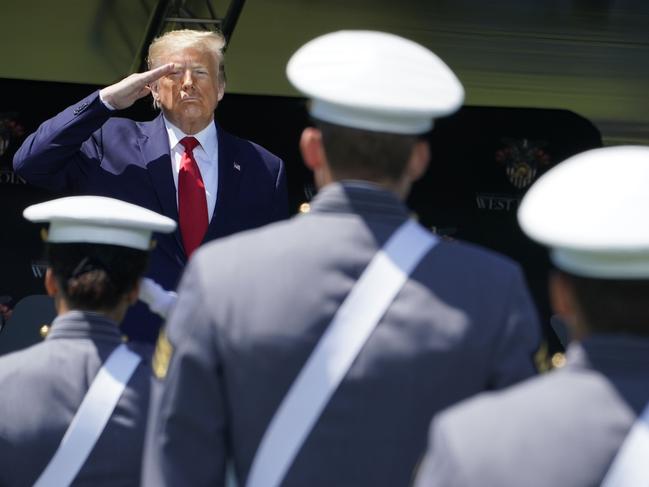 Donald Trump salutes cadets at West Point, New York. Picture: AFP