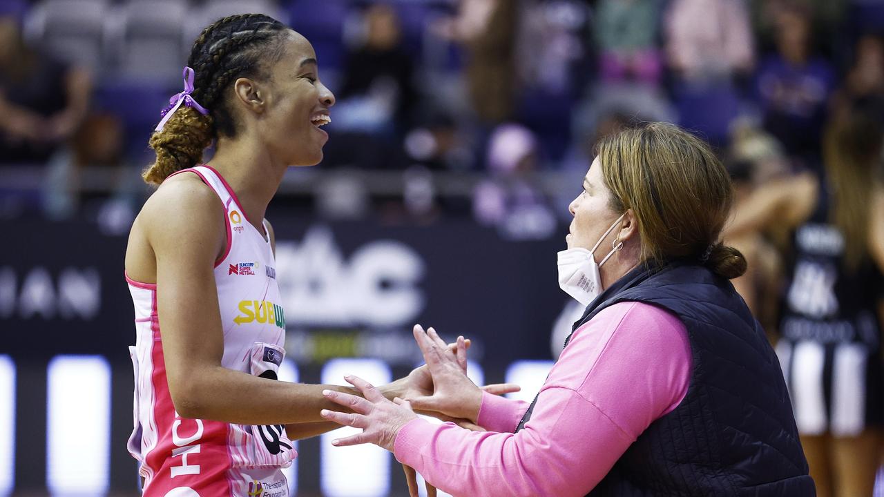 Thunderbirds star Shamera Sterling-Humphrey with coach Tania Obst. Picture: Getty Images