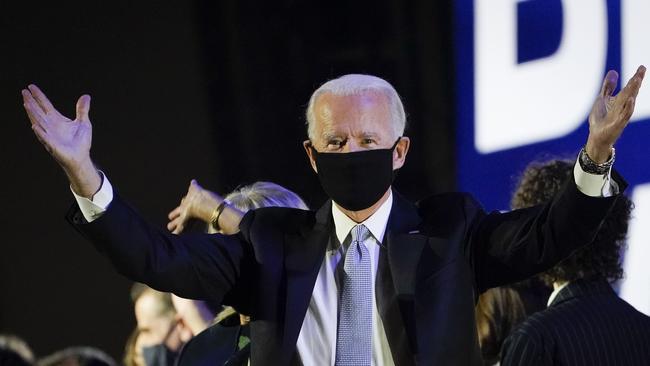 Joe Biden after claiming victory in Wilmington, Delaware, on Sunday. Picture: AFP