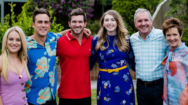 Georgie Stone on the set of Neighbours with co-stars Zima Anderson, Matt Wilson, Ben Hall, Alan Fletcher and Jackie Woodburne. Picture: Supplied