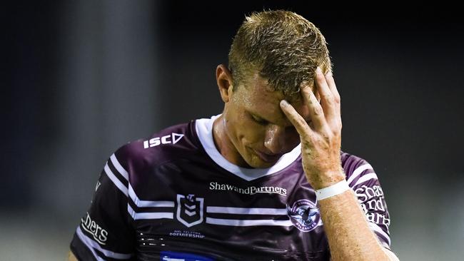 Manly’s Tom Trbojevic leaves the field on Saturday night. Picture:Nathan Hopkins/NRL Photos