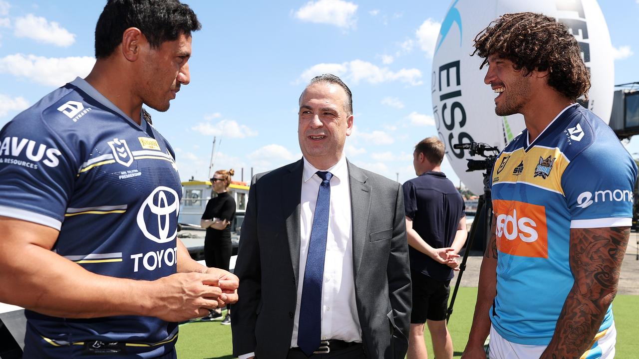 SYDNEY, AUSTRALIA - MARCH 04: ARL Chairman Peter V'landys talks to Jason Taumalolo of the Cowboys and Kevin Proctor of the Titans during the 2021 NRL Premiership Season Launch at White Bay Cruise Terminal on March 04, 2021 in Sydney, Australia. (Photo by Cameron Spencer/Getty Images)