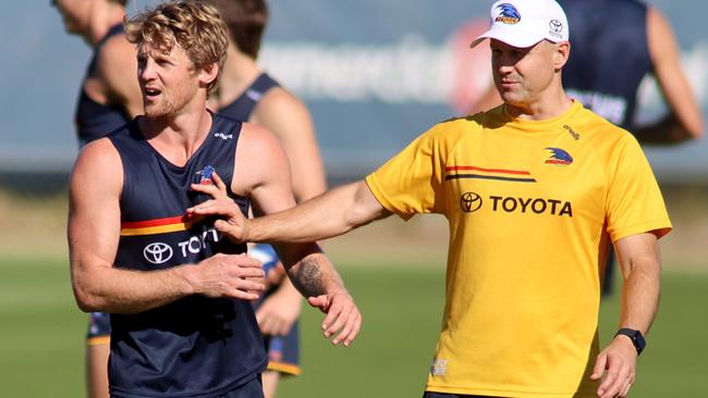 Rory Sloane and coach Matthew Nicks during training at West Lakes. Picture: Kelly Barnes