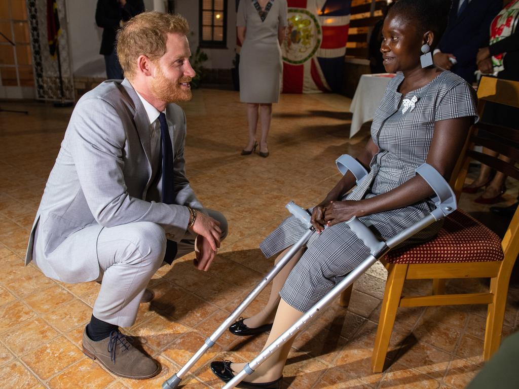 Prince Harry met landmine victim Sandra Tigica, who also spoke with Princess Diana during her visit to Angola 1997. Picture: Getty Images