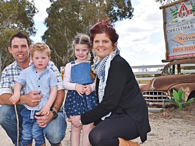 Brad and Katrina Fraser with children Evelyn and West at the Granite Belt Christmas Farm. Picture: Matthew Purcell