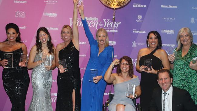 Entertainers winner Sue Porrett (from left), Entrepreneurs and ultimate winner Cherie Uzan, Young women winner Sophia Rizzo, Stars of Tourism winners Natasha Edwards and Marion Charlton, Champion of Sport winner Natasha Price, Champion of Education Kym Amor, Gold Coast Bulletin editor and Champion of Women Ryan Keen and Angels Among Us winner Nicolle Edwards at the Gold Coast Bulletin Women of the Year awards by Harvey Norman at Star Gold Coast. Picture: Richard Gosling