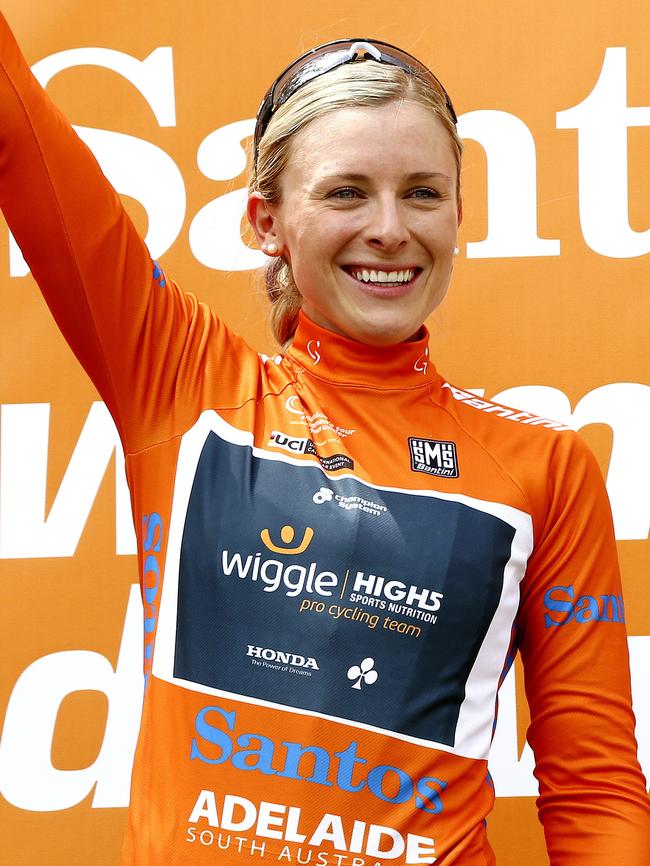 Annette Edmondson wears the Ochre jersey after the opening stage of the Women’s Tour Down Under. Picture: Sarah Reed