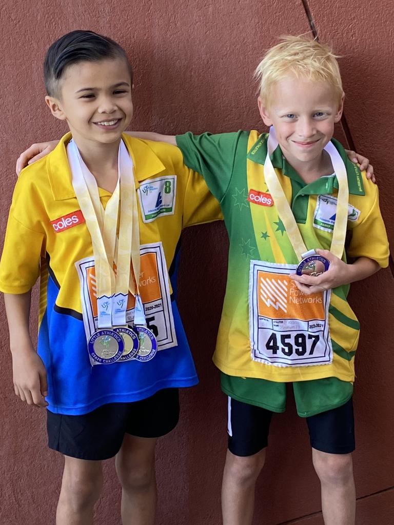 SA Little Legend Mason Zammit (right), 8, Salisbury Little Athletics, chased this medal all season as well as his brother’s club record. He broke it by five seconds and took home the silver with his best mate, Lachlan, pictured, taking home the gold. Picture supplied.