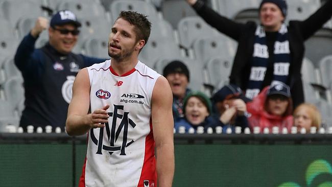 Carlton fans jeer Jesse Hogan after he misses a shot on goal. Picture: Wayne Ludbey