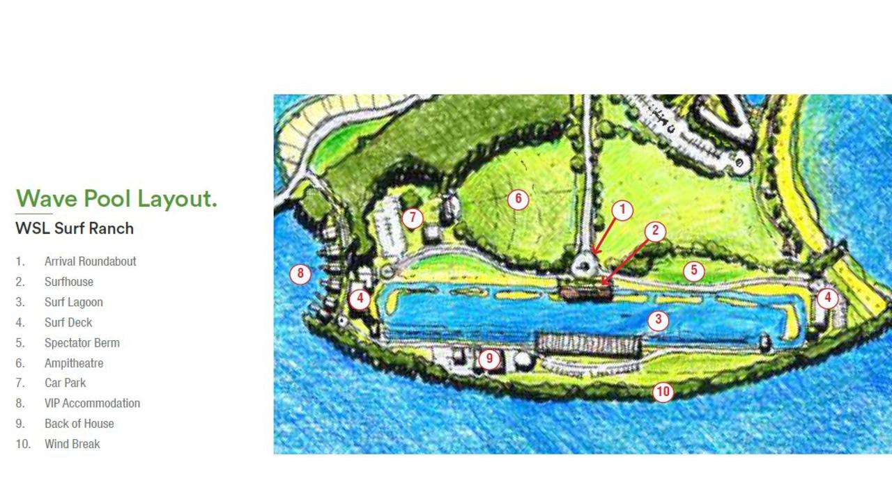 The proposed wave pool layout for the World Surf League Surf Ranch, pitched to be built as part of a major development in Coolum.