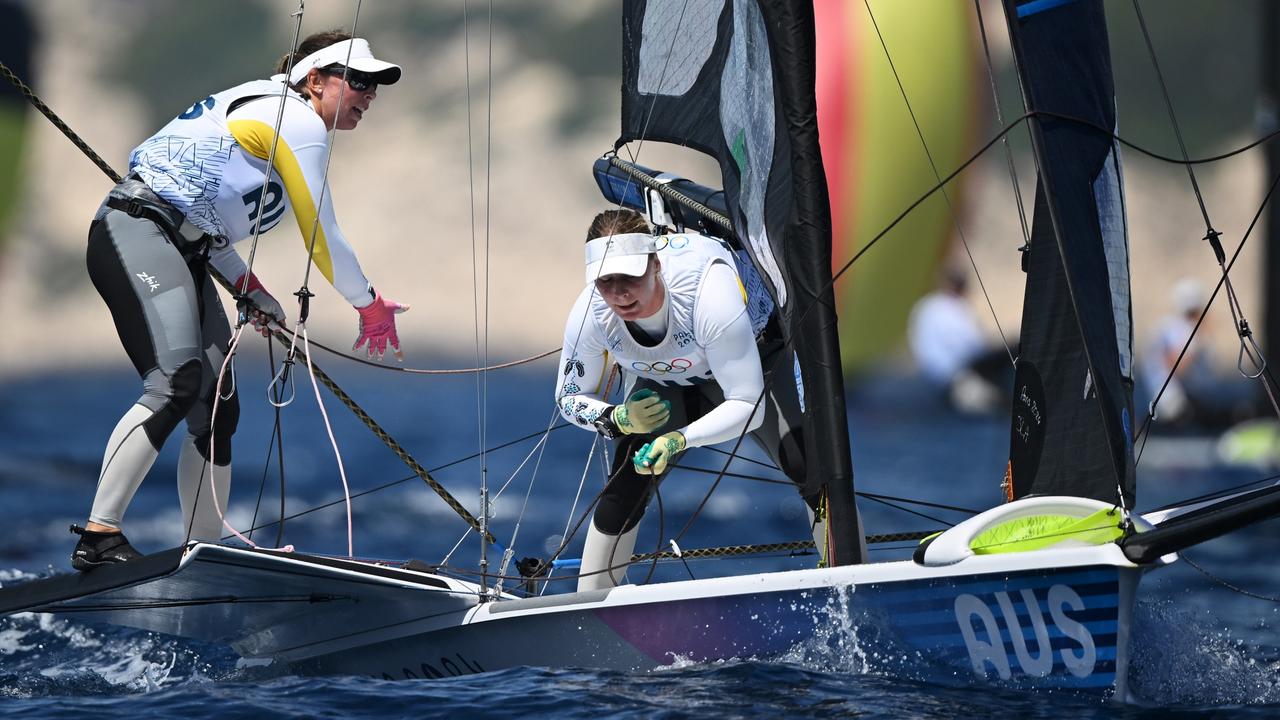 Olivia Price and Evie Haseldine on day one of the Olympic sailing. Pictures: Clive Mason/Getty Images