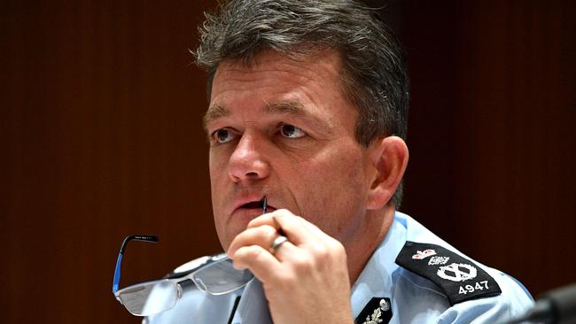 Australian Federal Police Commissioner Andrew Colvin appears before the Senate committee hearing at Parliament House in Canberra. Picture: AAP