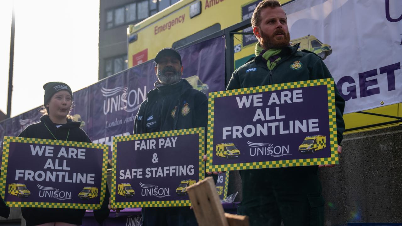 Striking ambulance staff stand on a picket line at Waterloo Ambulance Station on February 10, 2023 in London, England. Picture: Carl Court/Getty Images