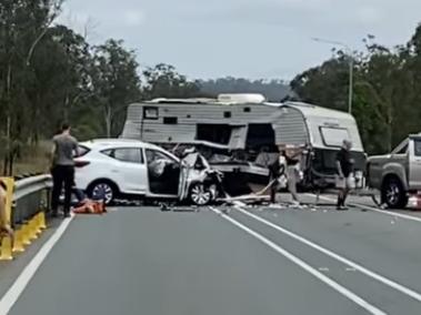 Both lanes of the the stateâs main road have been blocked following a crash about 20km north of Gympie.Pictures: Facebook, markos Amy.