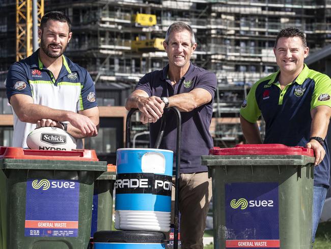 L-R: Canberra Raiders Assistant coach Brett White, CEO Don Furner and Football Manager Matt Ford and  keeping the new facility clean and tidy.The Canberra Raiders club has let go of the cleaning staff, so now management is doing the cleaning (cleaning toilets, snipping lawn, polishing floors to maintain the multi-million dollar facility.