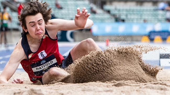 Mitchell Hatfield from Oxford Fall in the 16s long jump