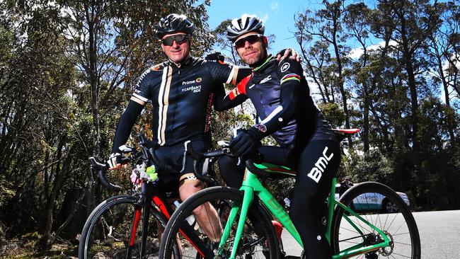 Steve Waugh and Cadel Evens during last year’s Captain's Ride. Picture: Chris Kidd