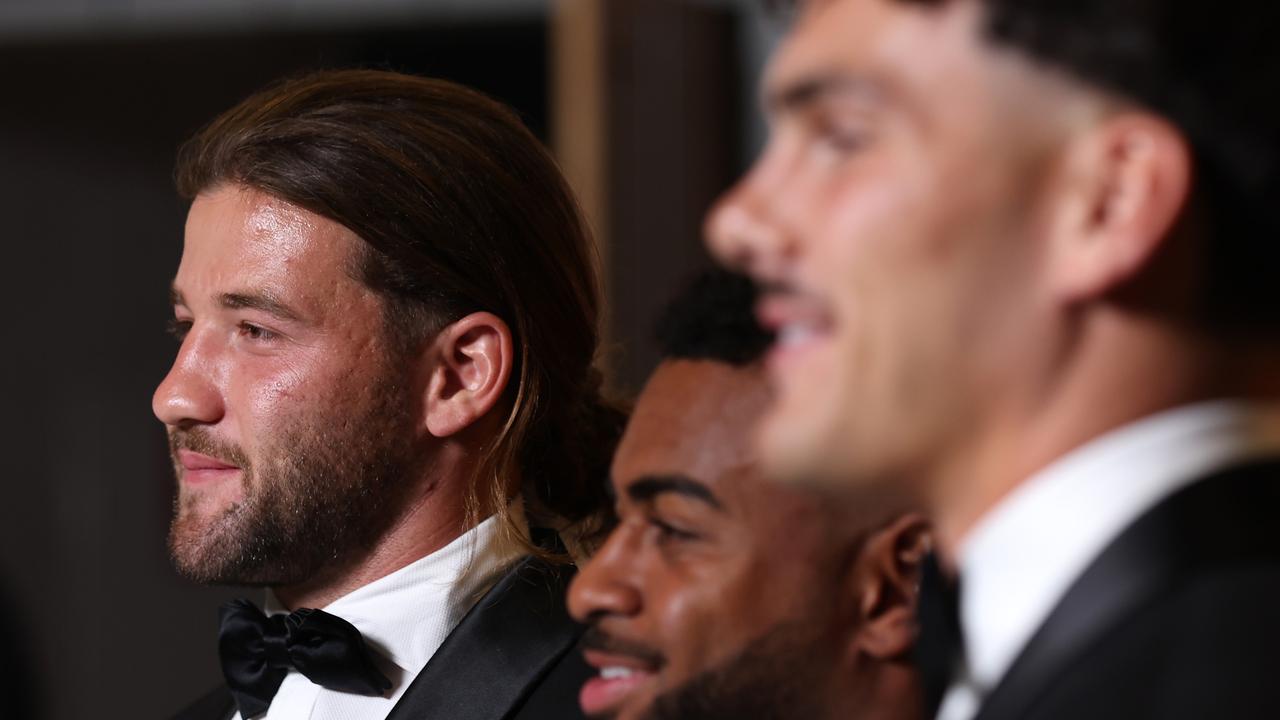 SYDNEY, AUSTRALIA - SEPTEMBER 27: Team of the Year players Patrick Carrigan, Ezra Mam and Herbie Farnworth of the Broncos pose during the 2023 Dally M Awards at The Winx Stand, Royal Randwick Racecourse on September 27, 2023 in Sydney, Australia. (Photo by Mark Kolbe/Getty Images)