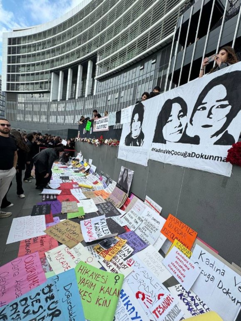 The deaths triggered protests across Turkey over the weekend. Mourners are seen at Medipol University, where victim Aysenur Halil studied. Picture: X/ solcugazete