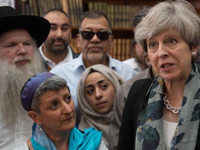 British Prime Minister Theresa May talks to faith leaders at Finsbury Park Mosque. Picture: Stefan Rousseau/WPA Pool/Getty Images