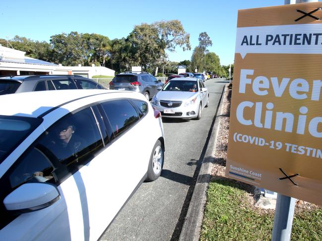 People in cars queue for Covid-19 testing at Caloundra Hospital, after two Covid positive people Arrived in Queensland and crossed the border at Goondiwindi and went to the Sunshine Coast, on Thursday 10th June 2021, Photo Steve Pohlner