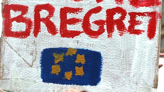 A man holds a message ''More Bregret,'' against Brexit  at Trafalgar Square in London on June 28, 2016, after Britain's vote to  leave the EU. The crowd weer marching to the Parliament to show their anger and opposition to the Brexit.  ( The Yomiuri Shimbun via AP Images ). Picture: Kaname Muto