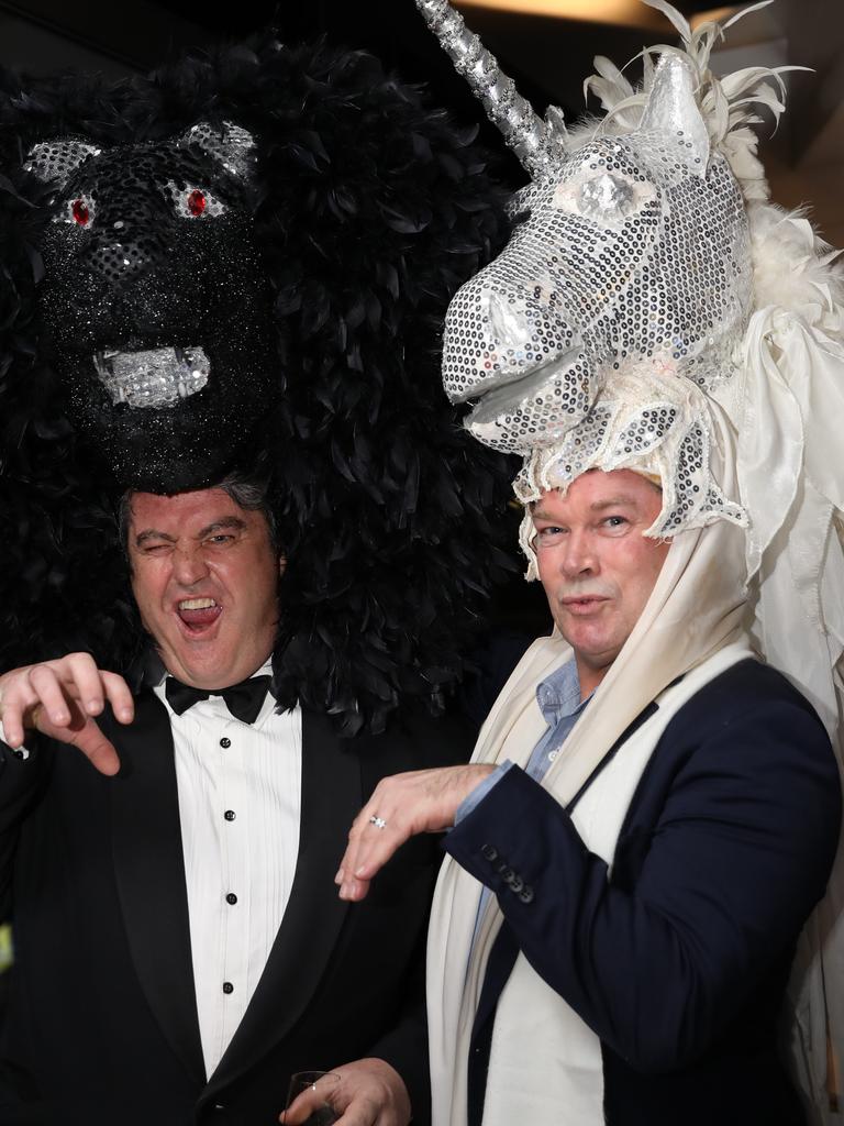 Anthony Adams and Sam Rice at The Cube Surrealist Ball at d’Arenberg in McLaren Vale. Picture: AAP/Russell Millard