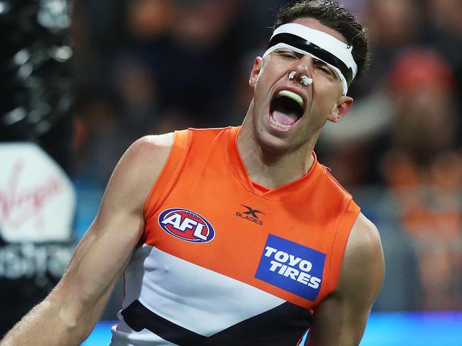 Giants Josh Kelly celebrates kicking a goal during AFL match GWS Giants v West Coast Eagles at Spotless Stadium. Picture. Phil Hillyard