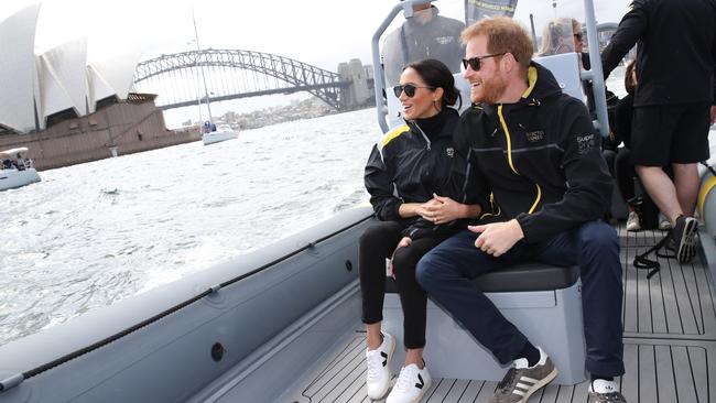 Prince Harry and Meghan on Sydney Harbour during day two of the Invictus Games Sydney, 2018. Picture: Chris Jackson/Getty Images for the Invictus Games Foundation