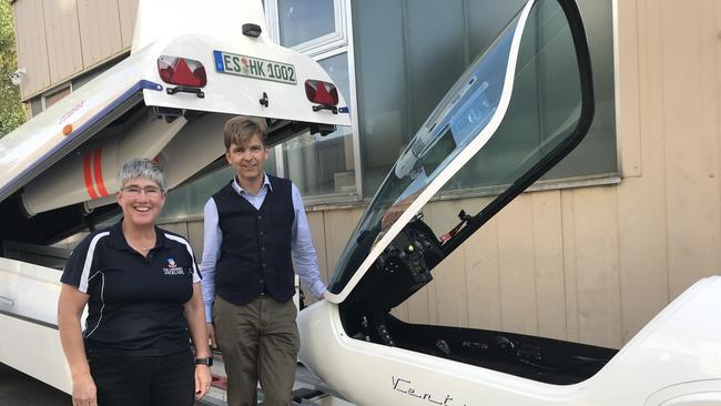 Catherine Conway at the German gliding Factory Schempp-Hirth with the owner of the factory, Tilo Holighaus.