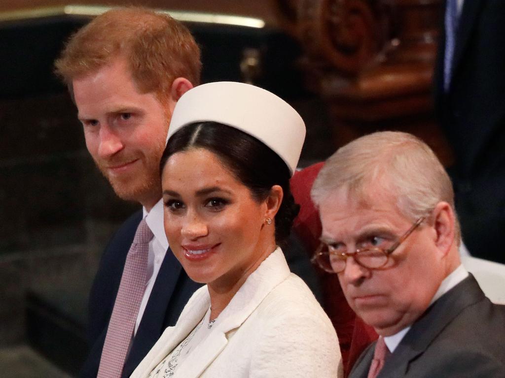 Prince Harry, Meghan Markle and Prince Andrew at the Commonwealth Day service at Westminster Abbey in London on March 11, 2019. Picture: Kirsty Wigglesworth/AFP