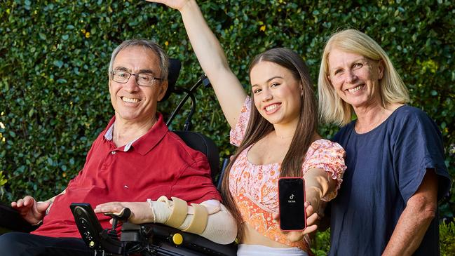 Proud dad Lukas Tsakalos with his daughter, Jacinda, and wife, Carolyn. The family has stuck together through difficult times and now have good reason to celebrate, given Jacinda’s ATAR of 98.35. Picture: Matt Loxton