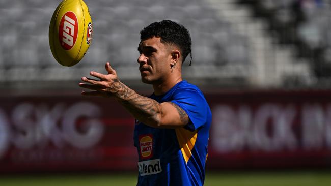 PERTH, AUSTRALIA - MARCH 24: Tyler Brockman of the Eagles warms up during the 2024 AFL Round 02 match between the West Coast Eagles and the GWS GIANTS at Optus Stadium on March 24, 2024 in Perth, Australia. (Photo by Daniel Carson/AFL Photos via Getty Images)