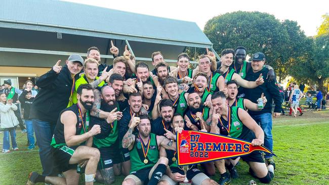 Greenacres celebrates an undefeated year and a premiership to cap it off. Picture: Greenacres Football Club