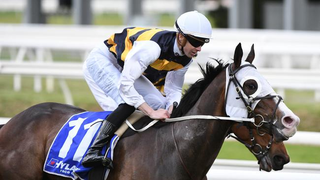 MELBOURNE, AUSTRALIA – OCTOBER 09: Jye McNeil riding I'm Thunderstruck winning Race 9, the Hyland Race Colours Toorak Handicap, during Melbourne Racing at Caulfield Racecourse on October 09, 2021 in Melbourne, Australia. (Photo by Vince Caligiuri/Getty Images)