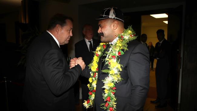 Karl Tu’inukuafe of the All Blacks shakes hands with coach Steve Hansen.