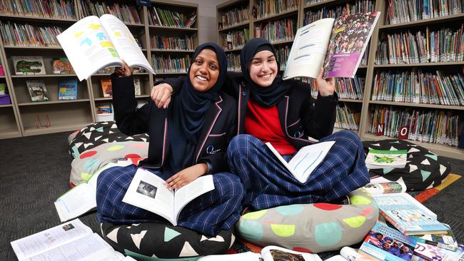 Study buddies Aabida Rashid 16 and Yasmine Al-Nachar 15 in the Al-Taqwa school library. Picture: David Caird